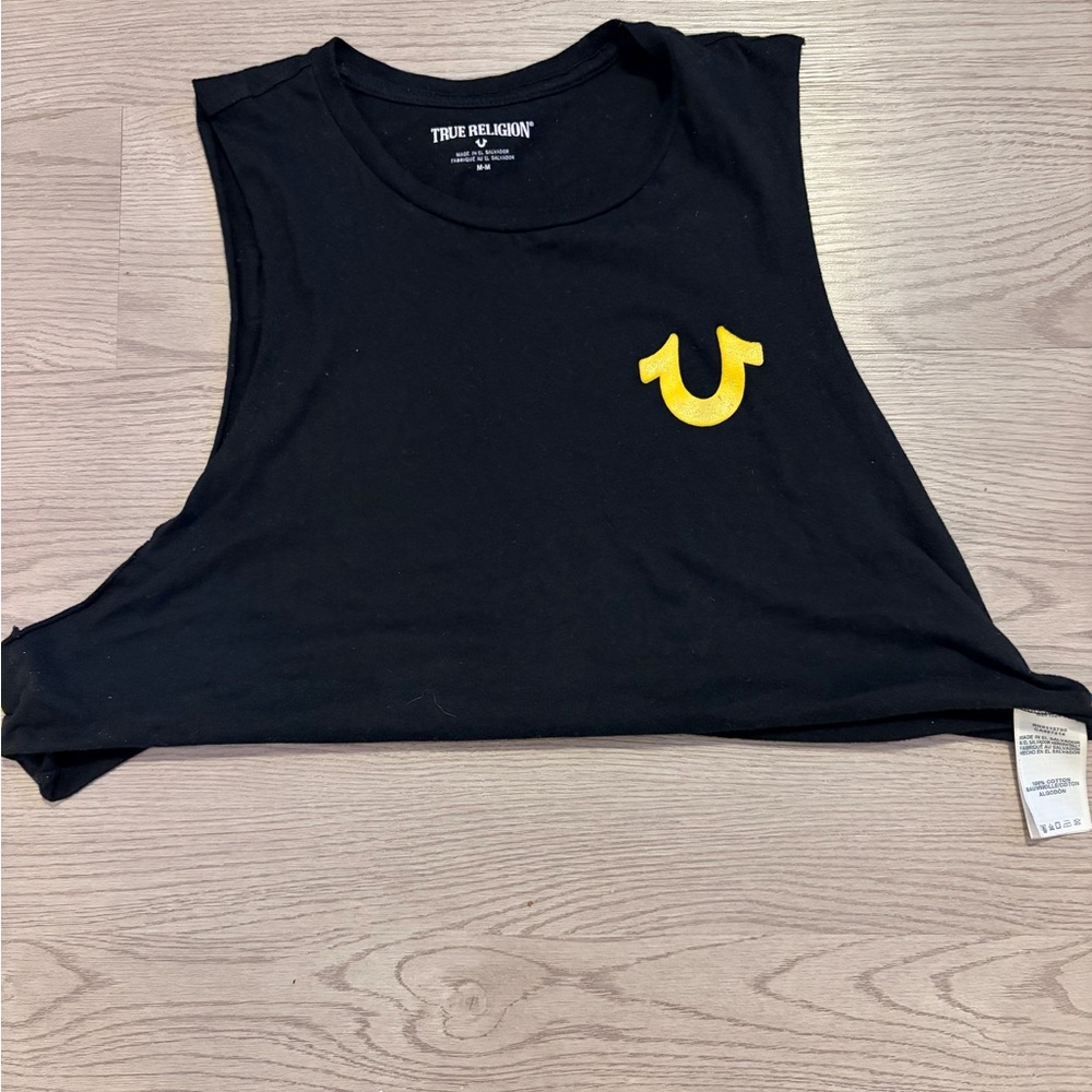 True Religion Black Muscle Tee with Yellow Logo